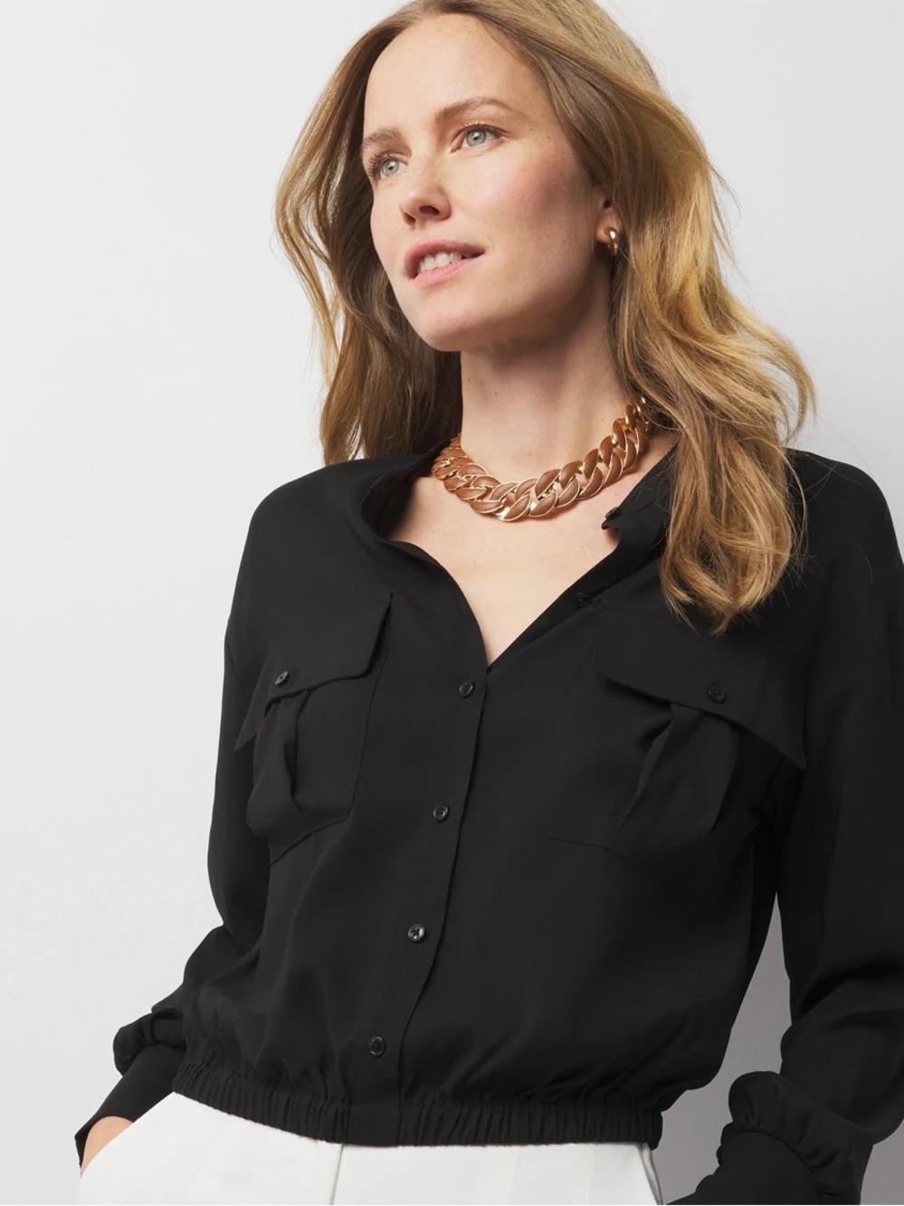 White House Black Market Black Satin Tag Detail Top